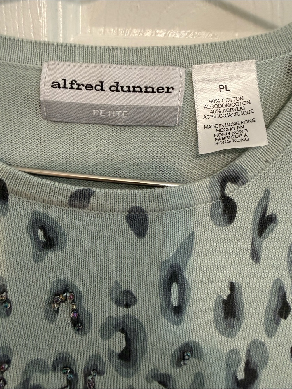 Alfred Dunner Sage Green Leopard Print Crewneck Sweater with Sequins